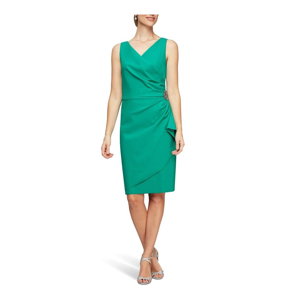 Alex Evenings slimming Ruched Cocktail dress w/ruffle and sparkling pin